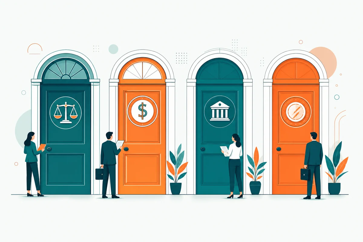 Ilustração de quatro colunas lado a lado representando as carreiras jurídicas, ligadas por uma linha comum na base