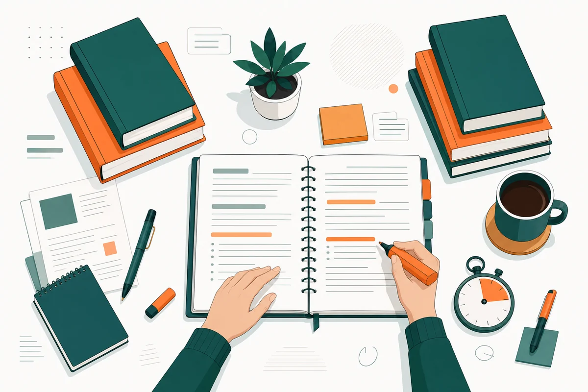 Mesa de estudos com livros de direito empilhados, caderno aberto com anotações e um notebook exibindo uma planilha de tópicos