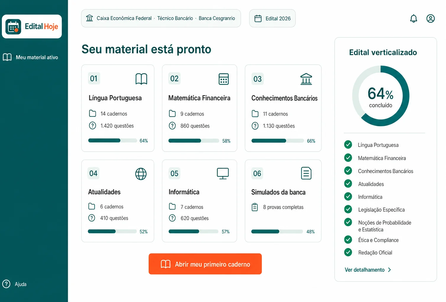 Meu material: cadernos prontos do seu concurso, separados por disciplina