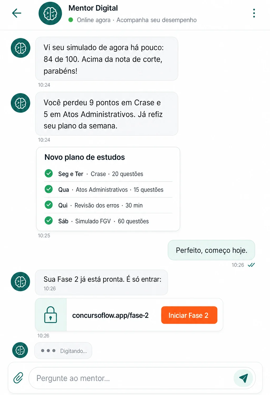 Conversa com o Mentor Digital: ele viu o resultado do simulado, refez o plano da semana e enviou o link da Fase 2