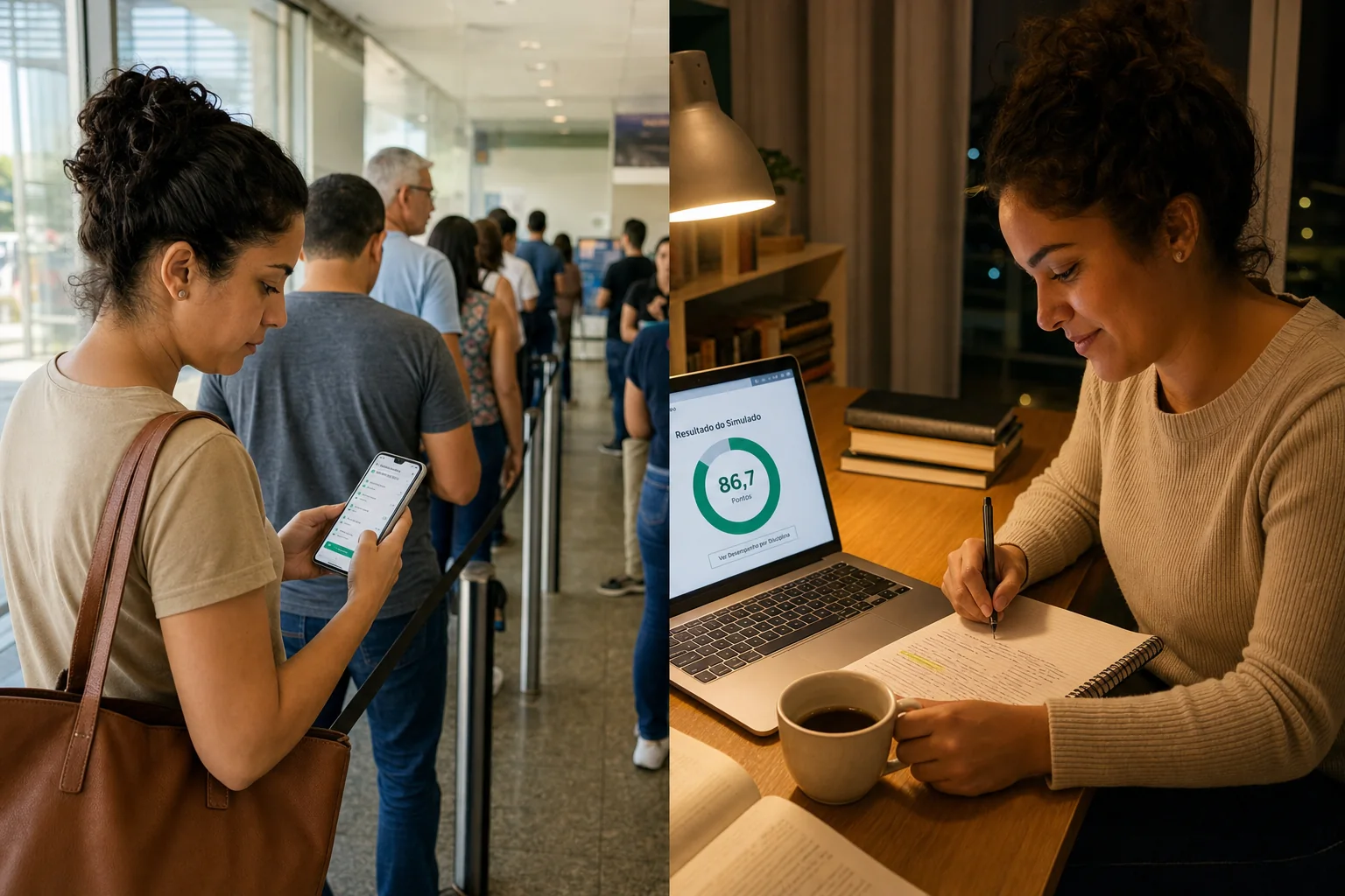 Candidato resolvendo questões no celular durante o dia e finalizando o simulado no notebook à noite