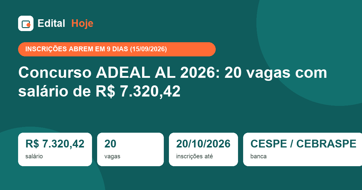 Concurso ADEAL AL 2026: 20 vagas com salário de R$ 7.320,42