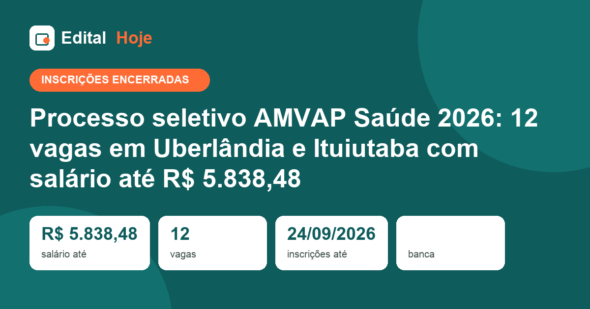 Processo seletivo AMVAP Saúde 2026: inscrições encerradas em 24/09/2026 — etapas, cargos e salários