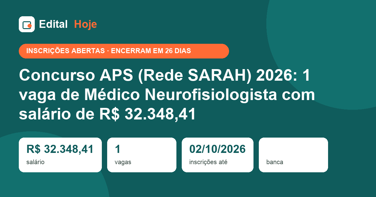 Concurso APS (Rede SARAH) 2026: 1 vaga de Médico Neurofisiologista com salário de R$ 32.348,41