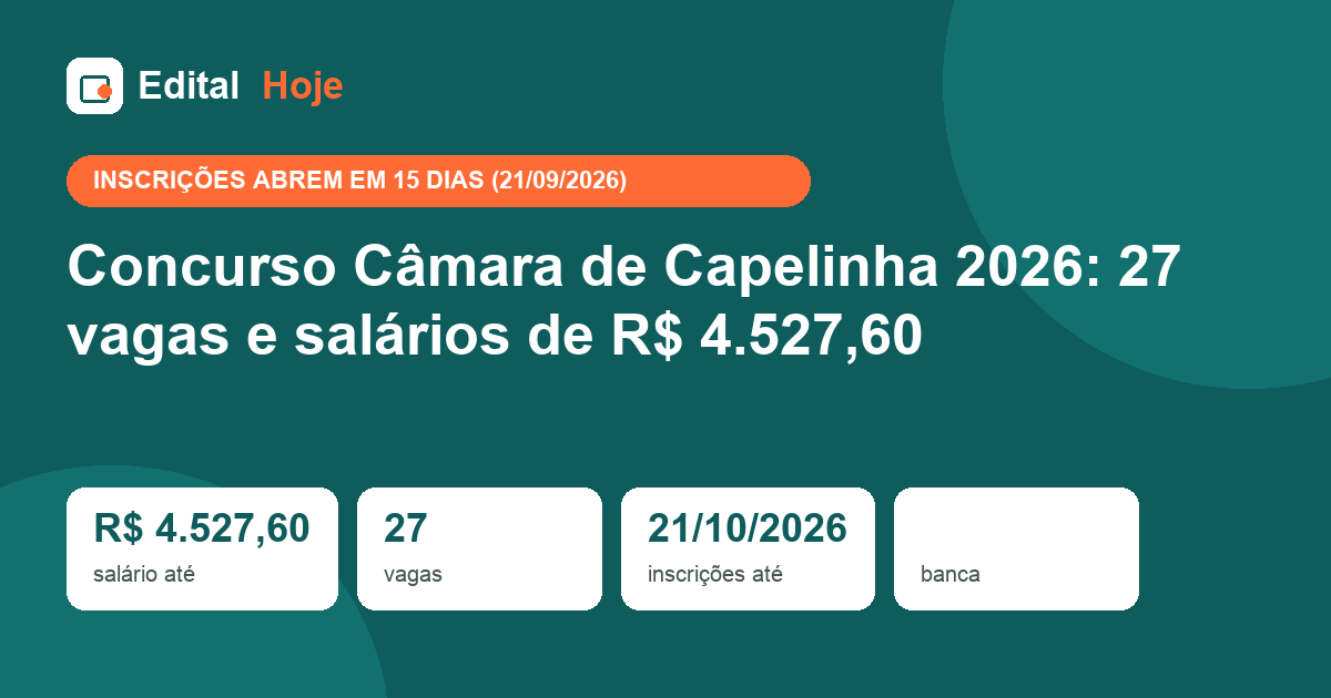 Concurso Câmara de Capelinha 2026: 27 vagas e salários de R$ 4.527,60