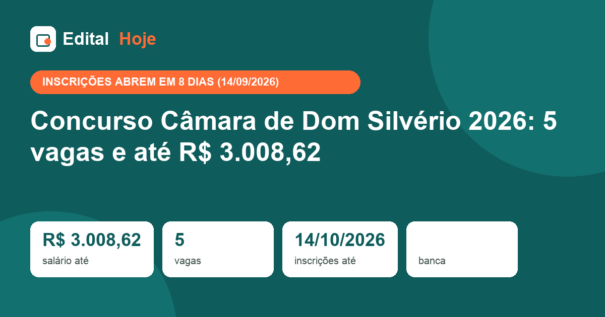 Concurso Câmara de Dom Silvério 2026: 5 vagas e até R$ 3.008,62