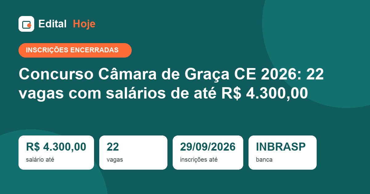 Concurso Câmara de Graça CE 2026: inscrições encerradas, prova em 29/11/2026 — veja o que cai e como se preparar