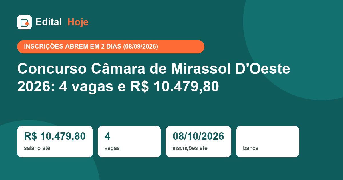 Concurso Câmara de Mirassol D'Oeste 2026: 4 vagas e R$ 10.479,80