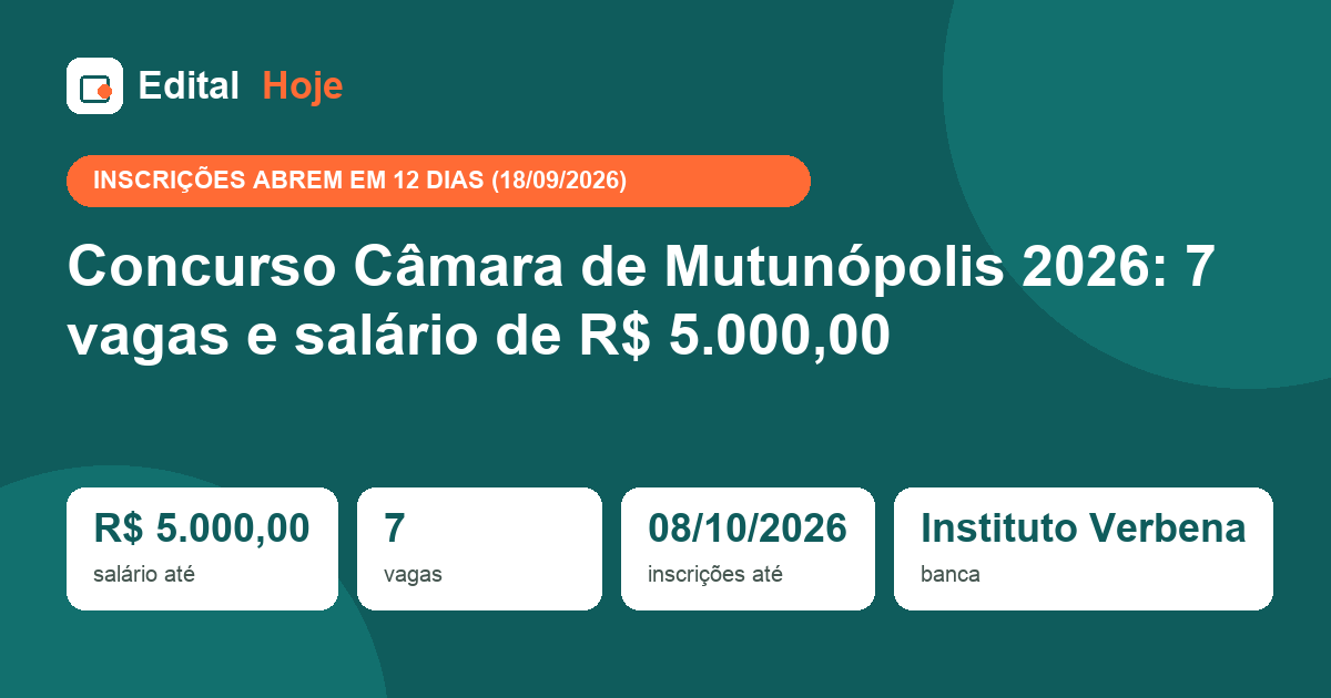 Concurso Câmara de Mutunópolis 2026: 7 vagas e salário de R$ 5.000,00