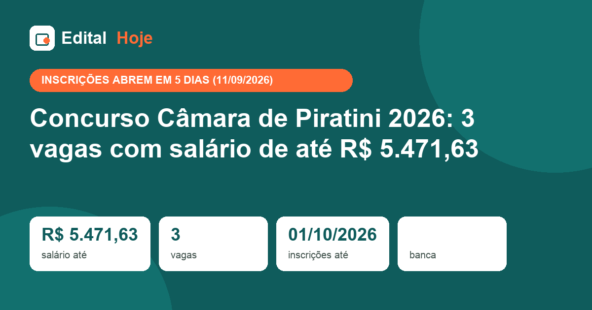 Concurso Câmara de Piratini 2026: 3 vagas com salário de até R$ 5.471,63