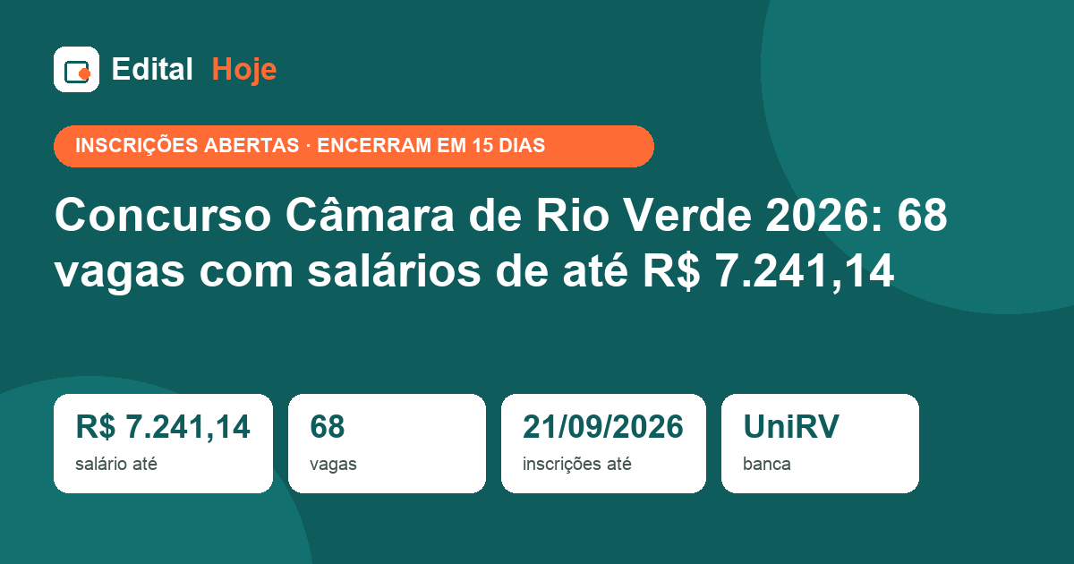 Concurso Câmara de Rio Verde 2026: 68 vagas com salários de até R$ 7.241,14