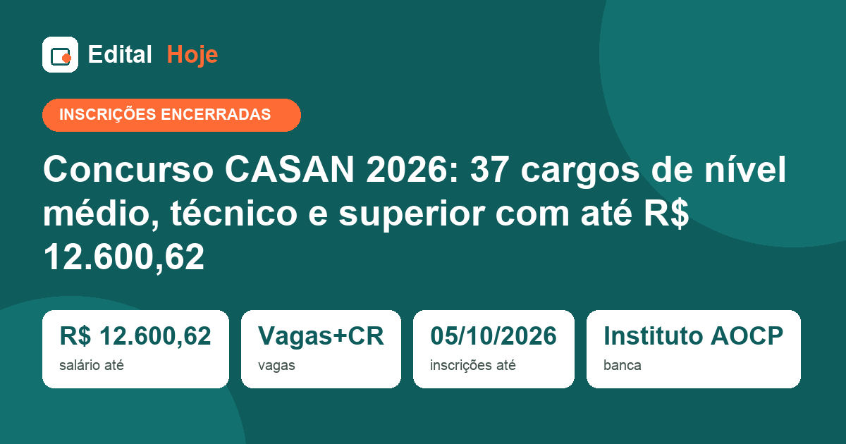 Concurso CASAN 2026: inscrições encerradas, prova em 22/11/2026 — veja o que cai e como se preparar