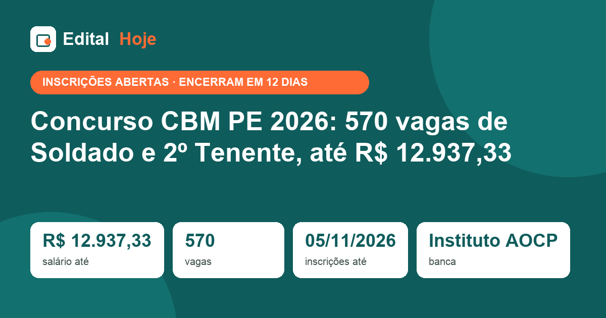 Concurso CBM PE 2026: 570 vagas de Soldado e 2º Tenente, até R$ 12.937,33