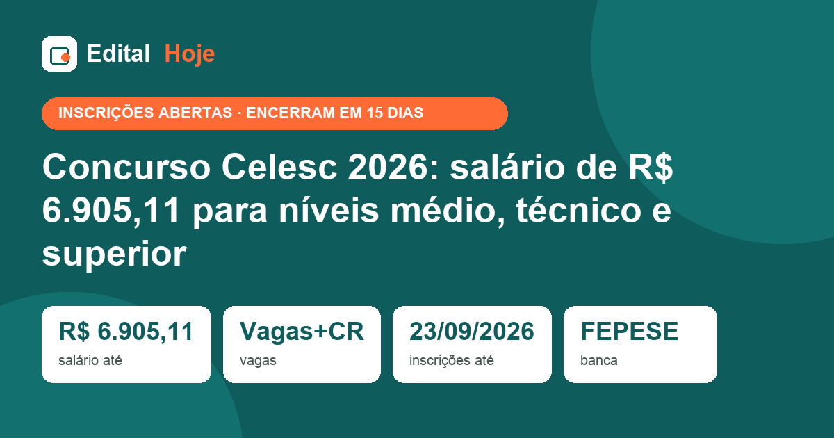 Concurso Celesc 2026: salário de R$ 6.905,11 para níveis médio, técnico e superior