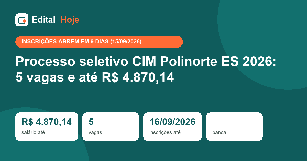 Processo seletivo CIM Polinorte ES 2026: 5 vagas e até R$ 4.870,14