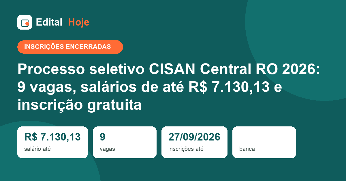Processo seletivo CISAN Central RO 2026: inscrições encerradas em 27/09/2026 — etapas, cargos e salários