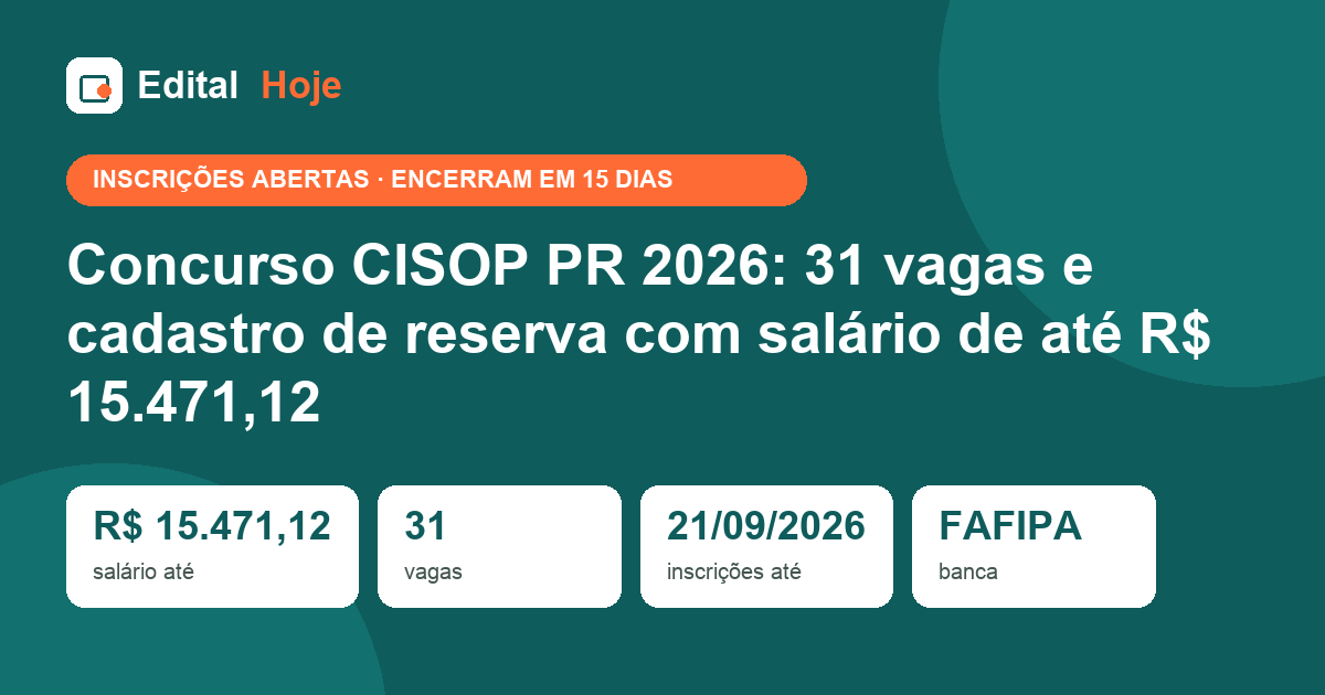 Concurso CISOP PR 2026: 31 vagas e cadastro de reserva com salário de até R$ 15.471,12