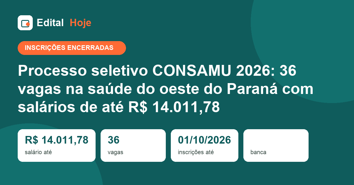 Processo seletivo CONSAMU 2026: inscrições encerradas em 01/10/2026 — etapas, cargos e salários