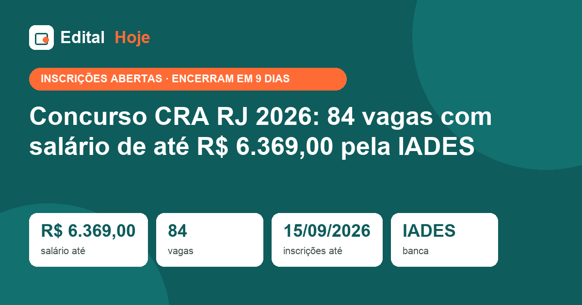 Concurso CRA RJ 2026: 84 vagas com salário de até R$ 6.369,00 pela IADES