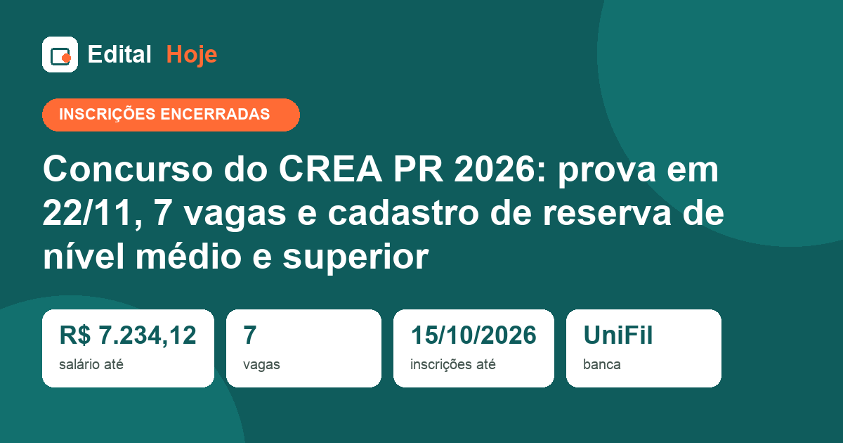 Concurso CREA PR 2026: inscrições encerradas, prova em 22/11/2026 — veja o que cai e como se preparar