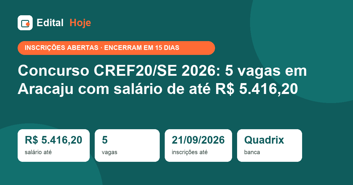 Concurso CREF20/SE 2026: 5 vagas em Aracaju com salário de até R$ 5.416,20