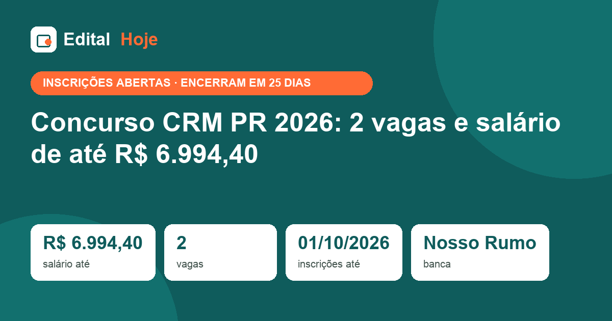 Concurso CRM PR 2026: 2 vagas e salário de até R$ 6.994,40