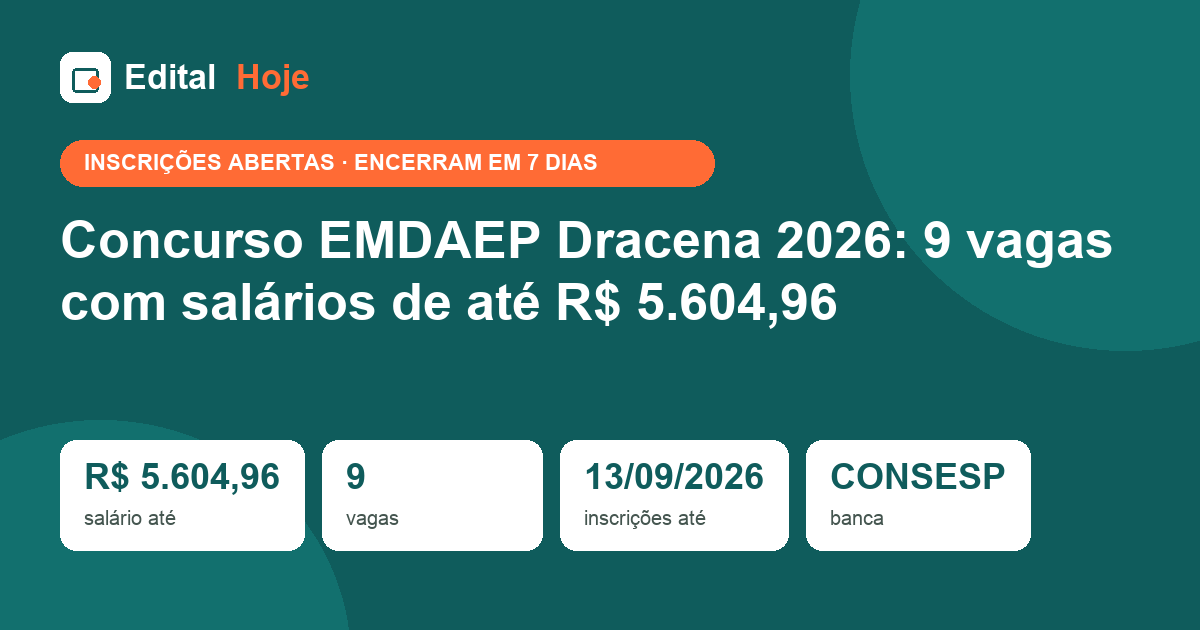 Concurso EMDAEP Dracena 2026: 9 vagas com salários de até R$ 5.604,96