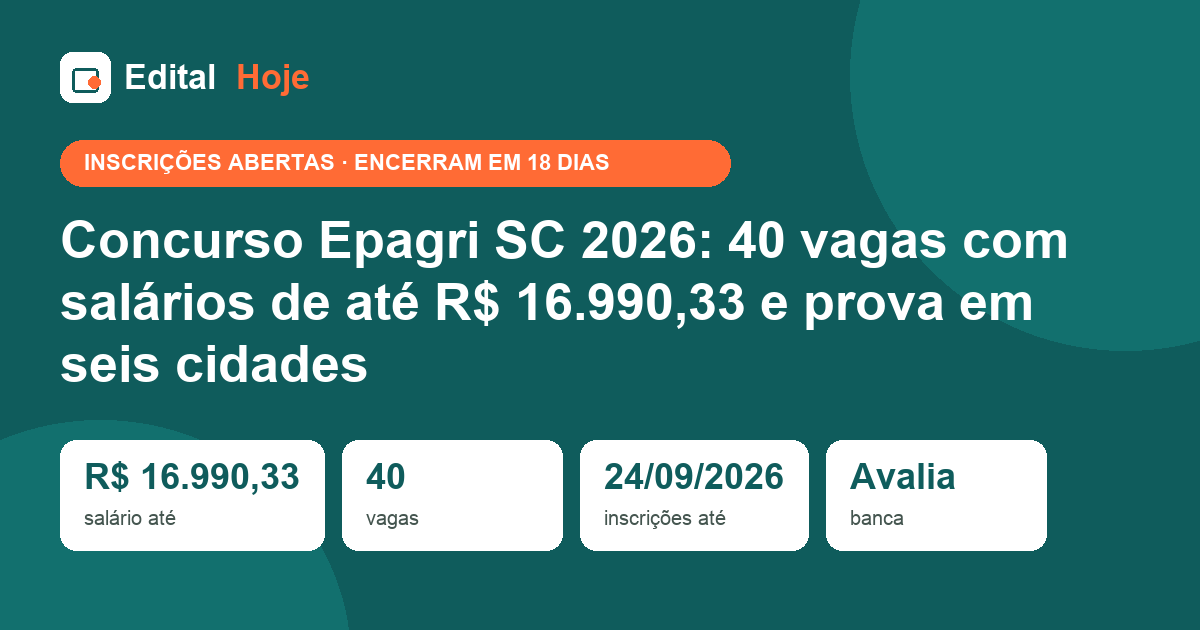 Concurso Epagri SC 2026: 40 vagas com salários de até R$ 16.990,33 e prova em seis cidades