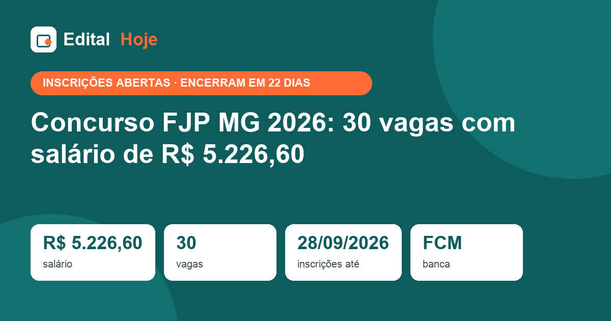 Concurso FJP MG 2026: 30 vagas com salário de R$ 5.226,60