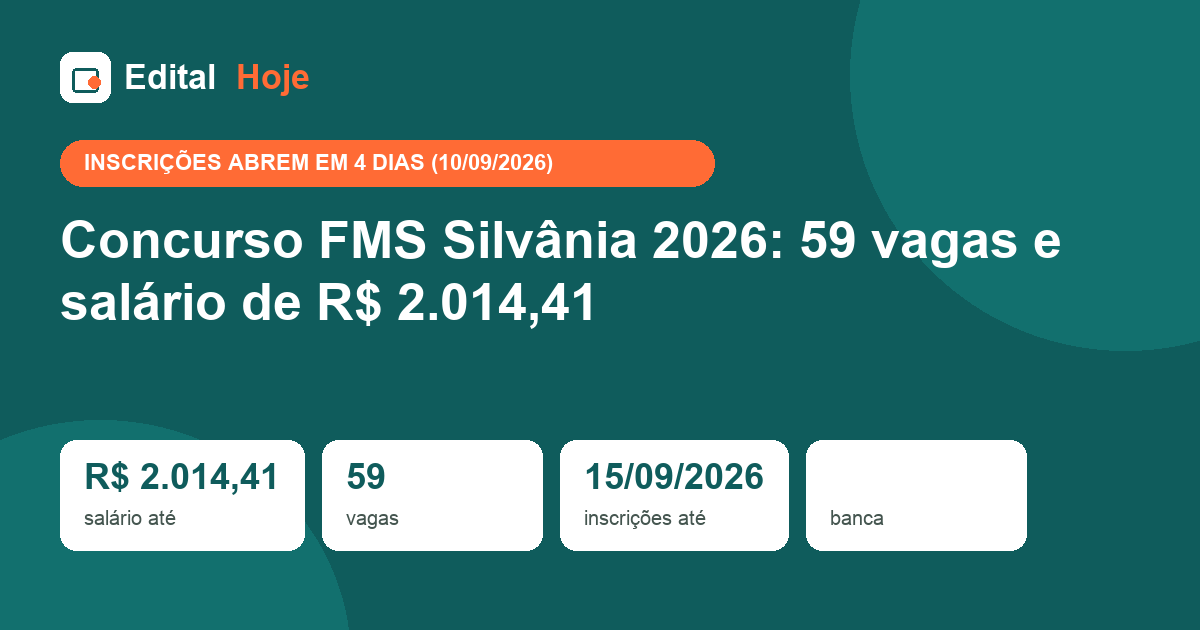 Concurso FMS Silvânia 2026: 59 vagas e salário de R$ 2.014,41