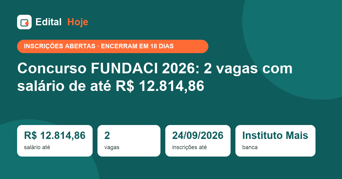 Concurso FUNDACI 2026: 2 vagas com salário de até R$ 12.814,86