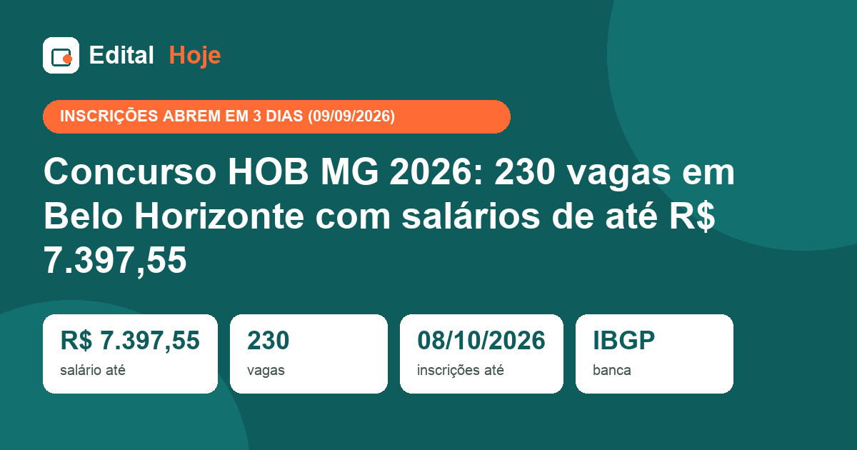 Concurso HOB MG 2026: 230 vagas em Belo Horizonte com salários de até R$ 7.397,55