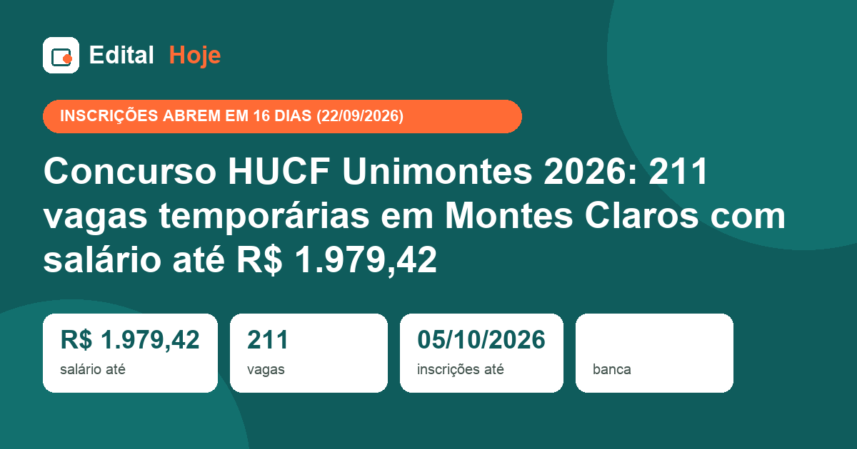 Concurso HUCF Unimontes 2026: 211 vagas temporárias em Montes Claros com salário até R$ 1.979,42