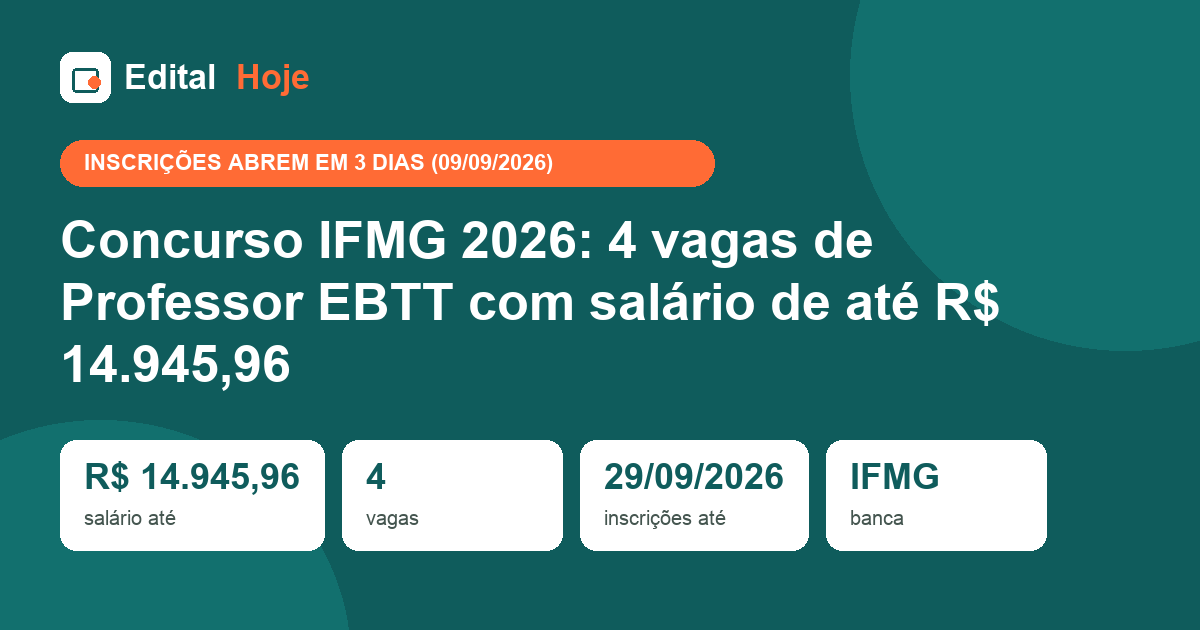 Concurso IFMG 2026: 4 vagas de Professor EBTT com salário de até R$ 14.945,96