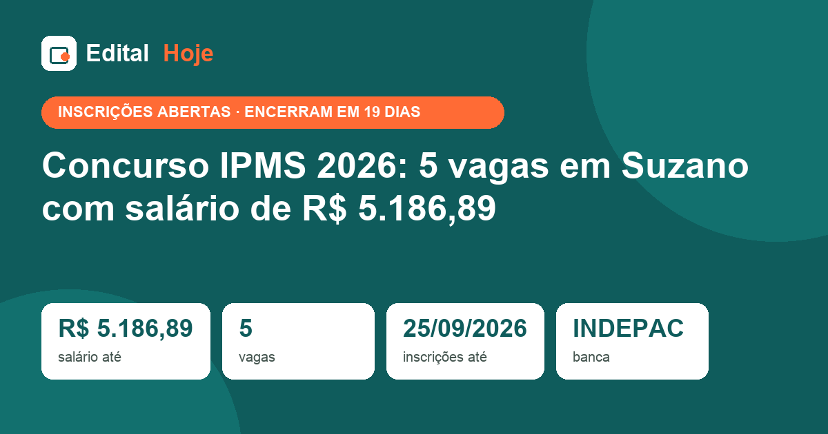 Concurso IPMS 2026: 5 vagas em Suzano com salário de R$ 5.186,89