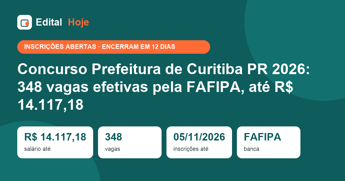 Concurso Prefeitura de Curitiba PR 2026: 348 vagas efetivas pela FAFIPA, até R$ 14.117,18