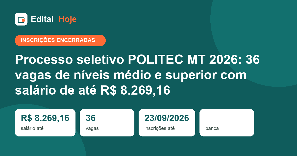 Processo seletivo POLITEC MT 2026: inscrições encerradas em 23/09/2026 — etapas, cargos e salários