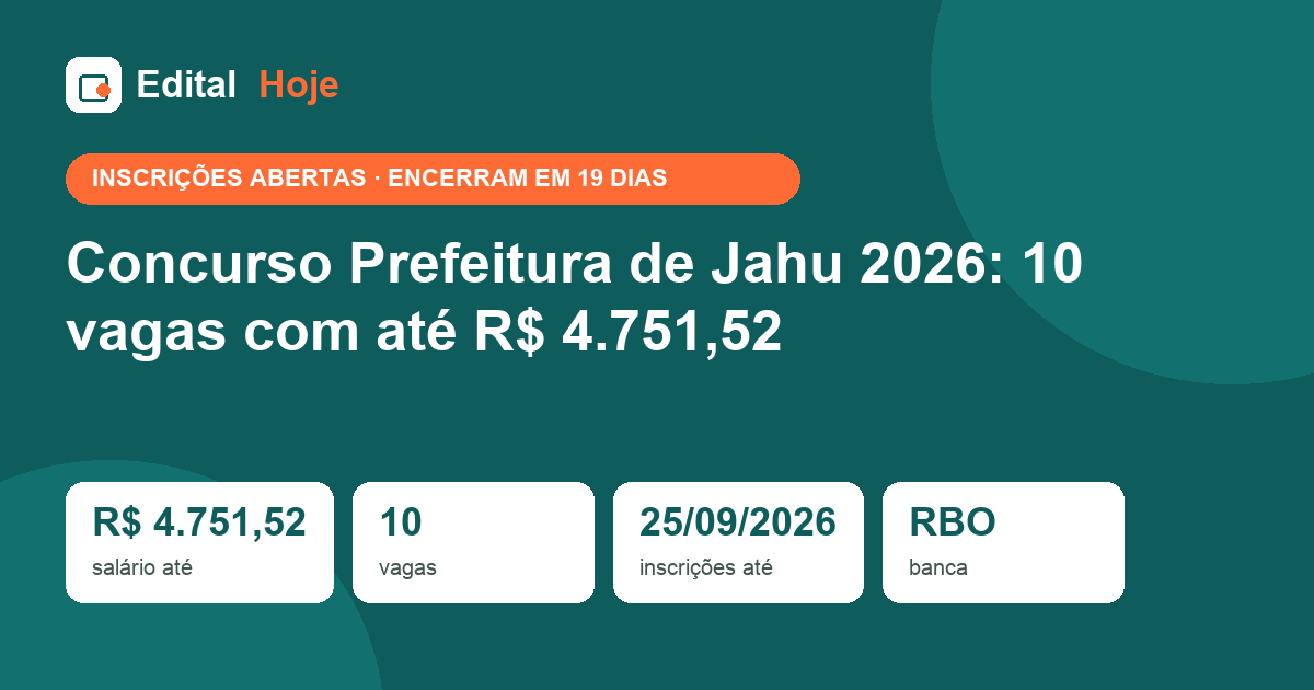 Concurso Prefeitura de Jahu 2026: 10 vagas com até R$ 4.751,52