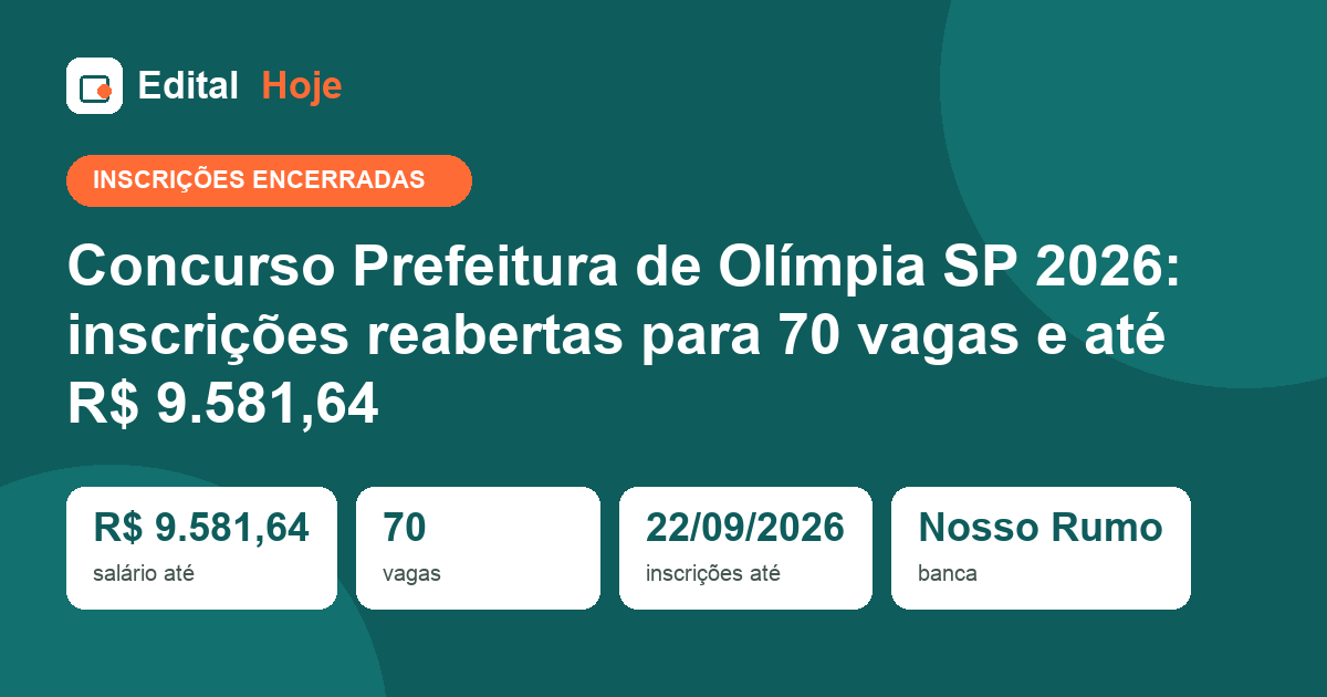 Concurso Prefeitura de Olímpia 2026: inscrições encerradas em 22/09/2026 — etapas, cargos e salários