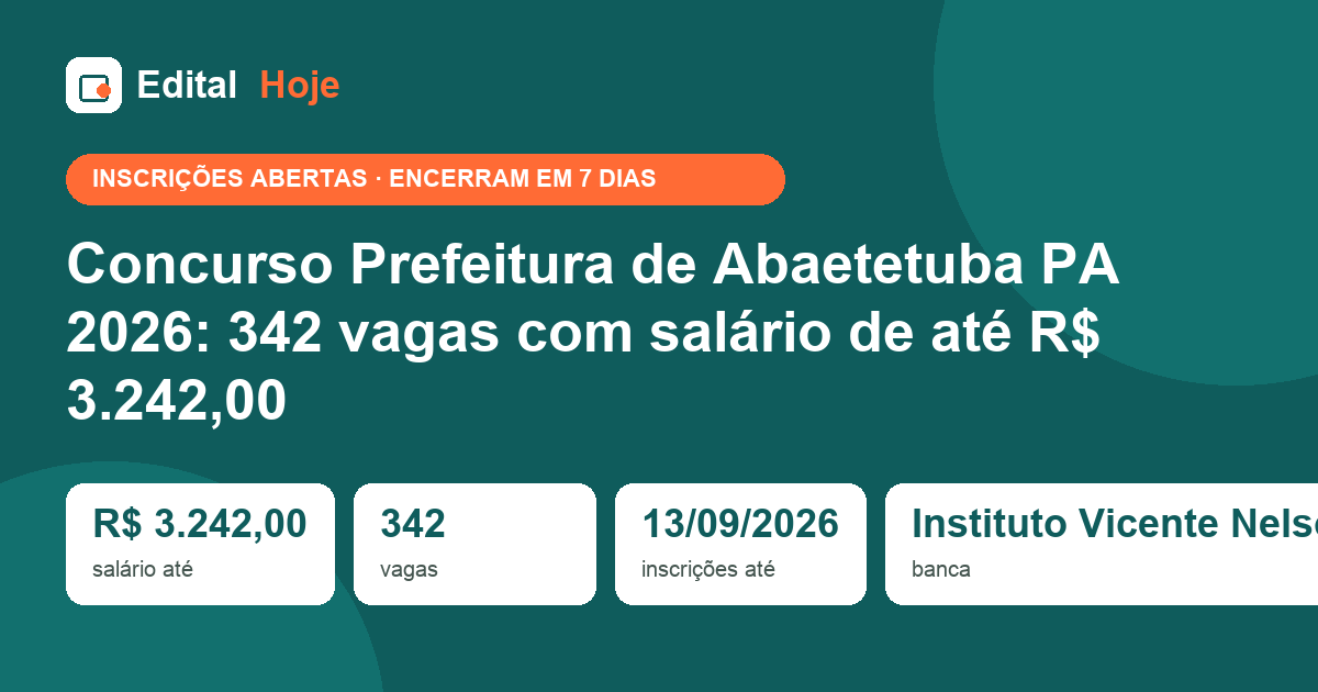 Concurso Prefeitura de Abaetetuba PA 2026: 342 vagas com salário de até R$ 3.242,00