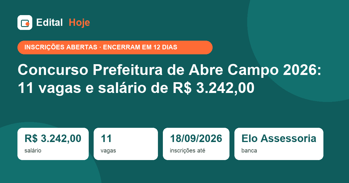 Concurso Prefeitura de Abre Campo 2026: 11 vagas e salário de R$ 3.242,00
