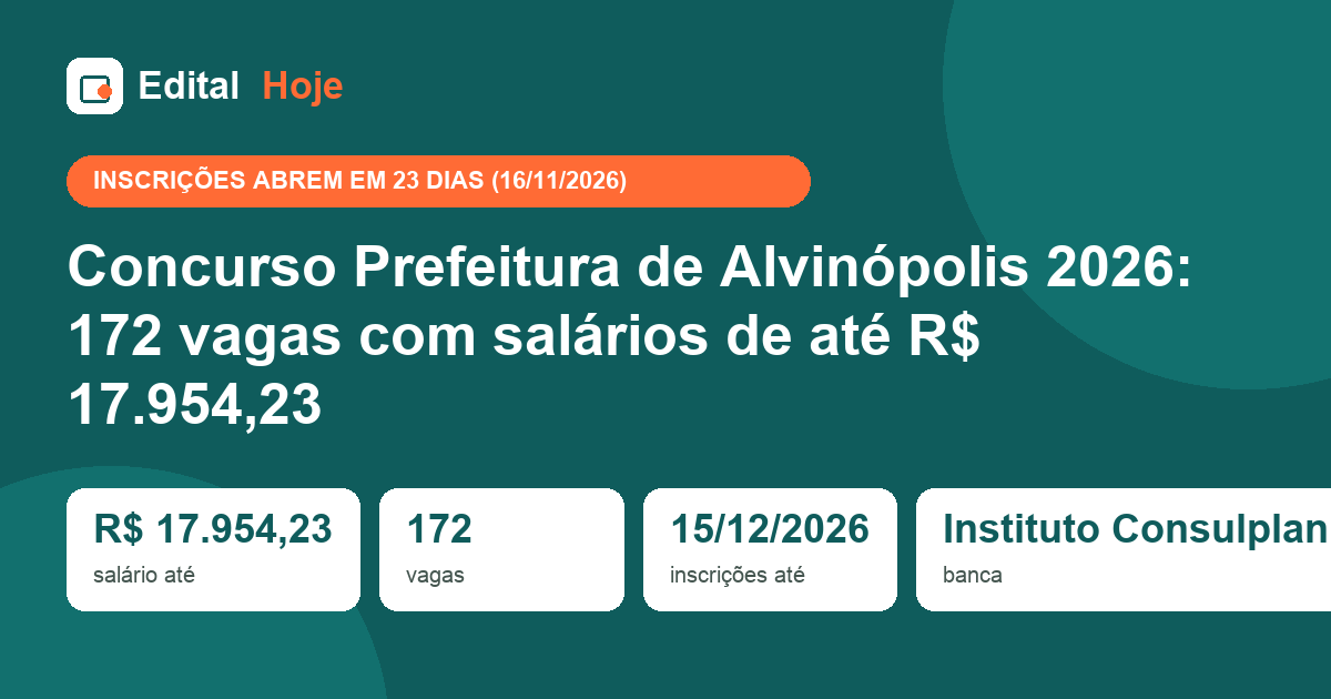 Concurso Prefeitura de Alvinópolis 2026: 172 vagas com salários de até R$ 17.954,23
