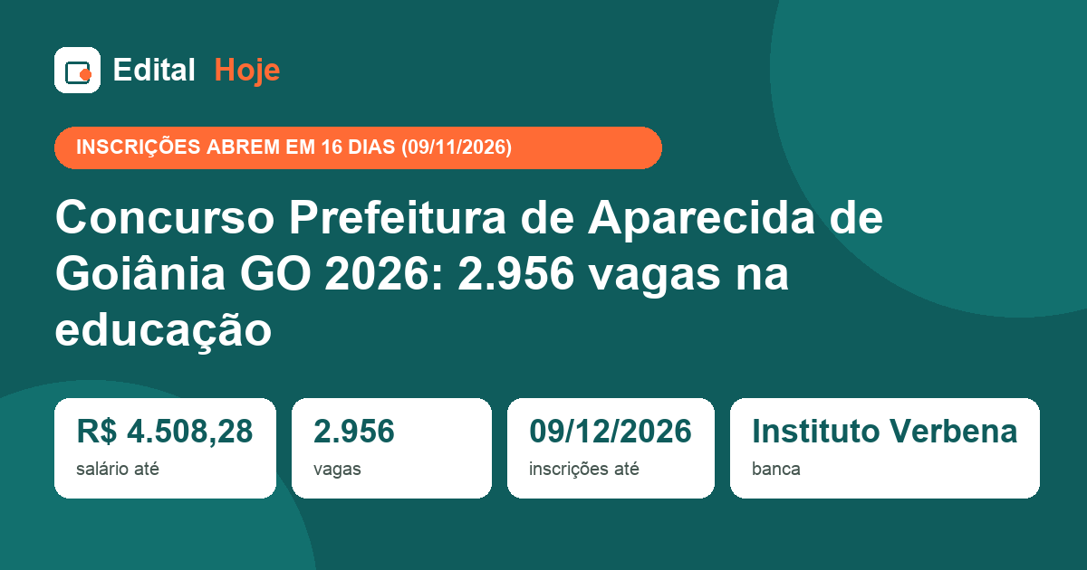 Concurso Prefeitura de Aparecida de Goiânia GO 2026: 2.956 vagas na educação
