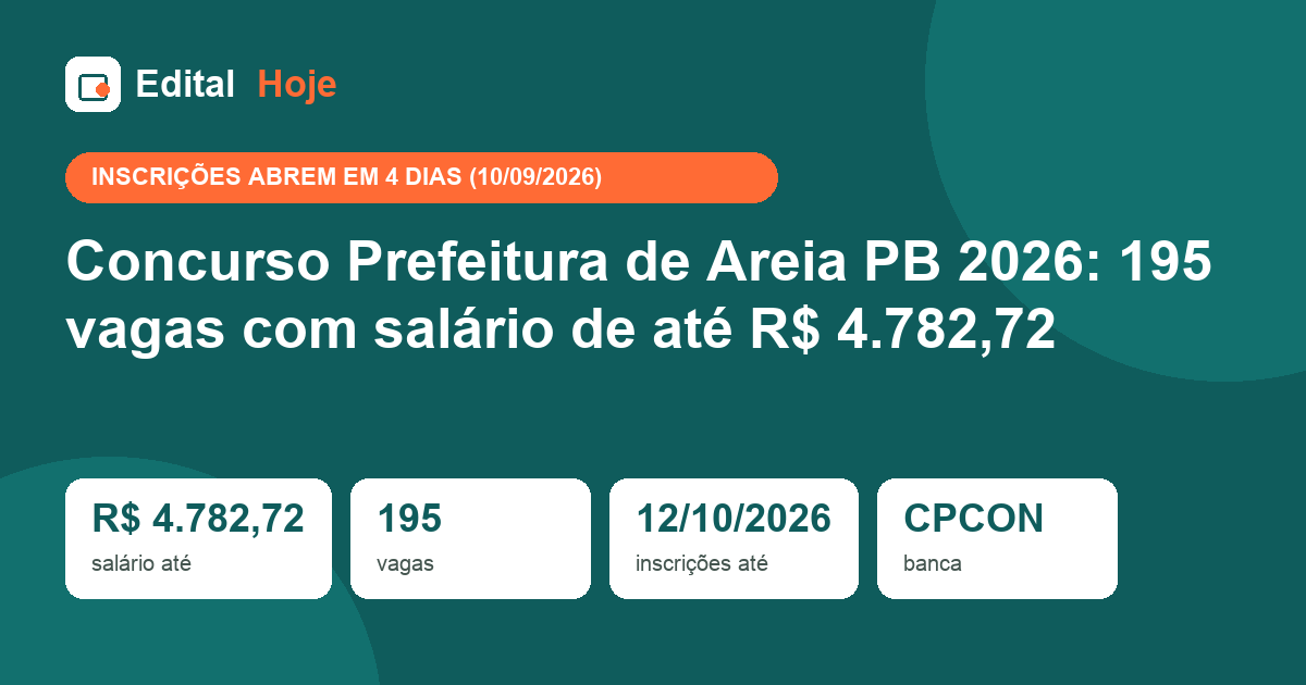 Concurso Prefeitura de Areia PB 2026: 195 vagas com salário de até R$ 4.782,72