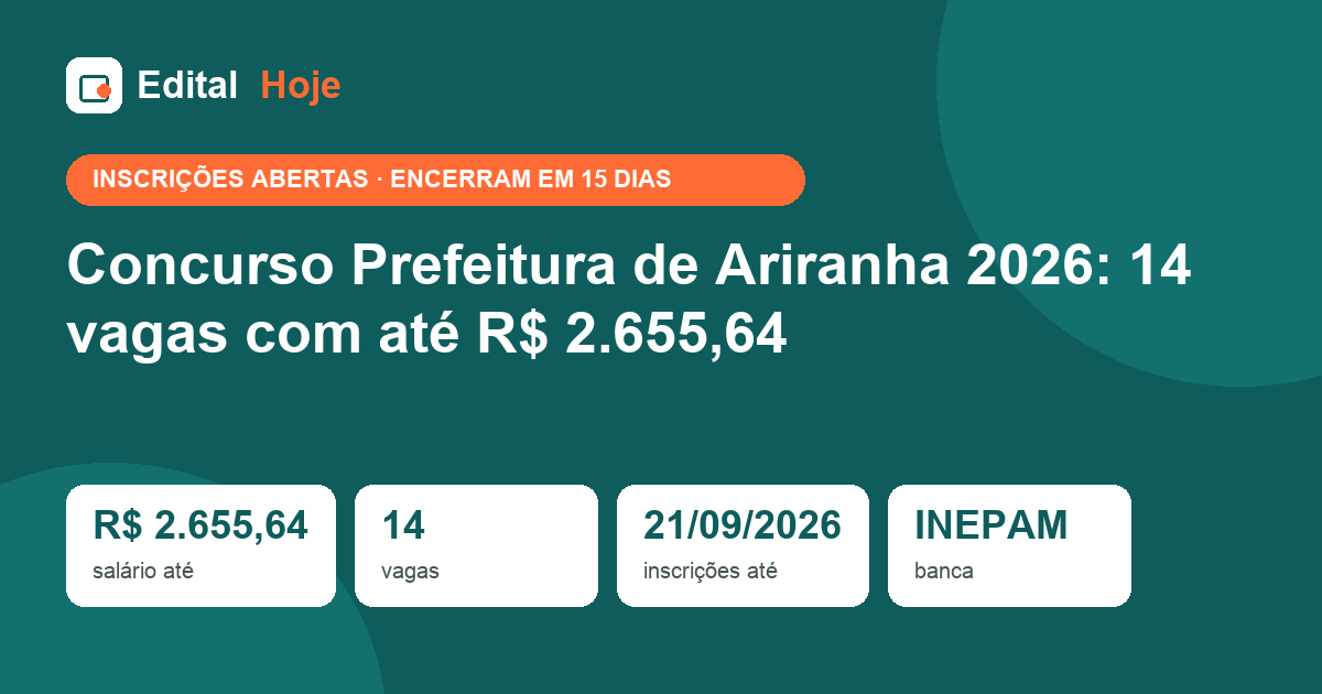 Concurso Prefeitura de Ariranha 2026: 14 vagas com até R$ 2.655,64