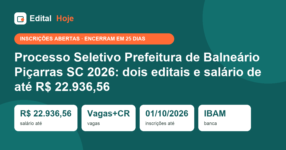Processo Seletivo Prefeitura de Balneário Piçarras SC 2026: dois editais e salário de até R$ 22.936,56