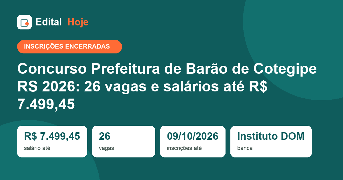 Concurso Prefeitura de Barão de Cotegipe RS 2026: inscrições encerradas, prova em 22/11/2026 — veja o que cai e como se preparar