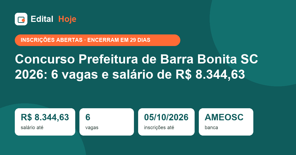 Concurso Prefeitura de Barra Bonita SC 2026: 6 vagas e salário de R$ 8.344,63