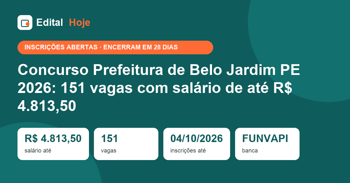 Concurso Prefeitura de Belo Jardim PE 2026: 151 vagas com salário de até R$ 4.813,50