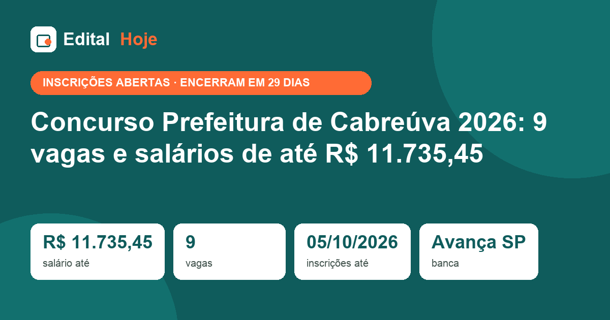 Concurso Prefeitura de Cabreúva 2026: 9 vagas e salários de até R$ 11.735,45